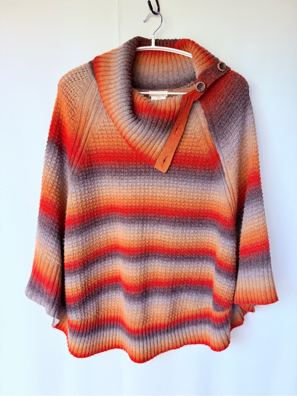 Democracy L/XL Striped Poncho Sweater Orange Brown Wool Blend Cowl Neck